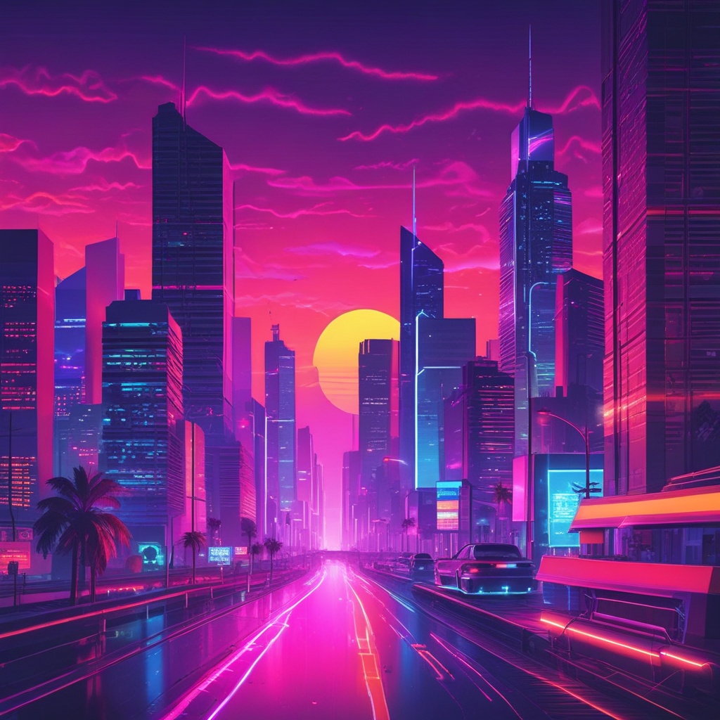 Synthwave inspired cover image depicting neon cityscape